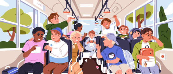 Kids inside school bus. Happy children sitting on passenger seats during ride. Boys and girls playing, looking out of window in schoolbus interior on excursion, trip, journey. Flat vector illustration © Good Studio