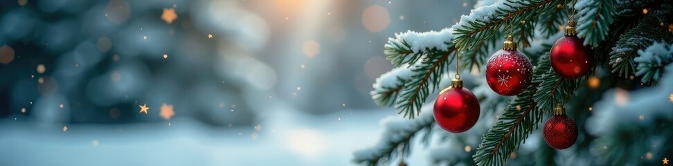 Fototapeta premium Ornaments and snowflakes gently falling on the frosty pine, ornaments, bokeh, sparkling