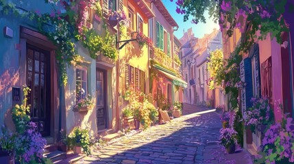 Sunlit cobblestone street in a charming European town, adorned with vibrant flowers and lush greenery.