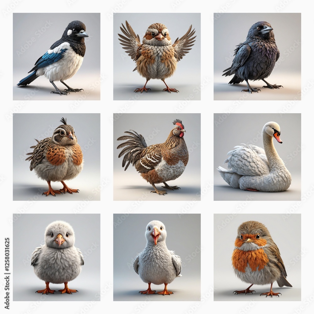 Aufkleber Nine cute 3d bird models are displayed in a grid format, showcasing various bird types and feather patterns in a simple studio setting.