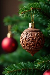 Ornate wooden ornament on lush green fir branch, wooden details, ornaments, Christmas decoration
