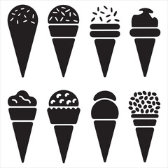 set of black vector various CONE ICE CREAM silhouette	