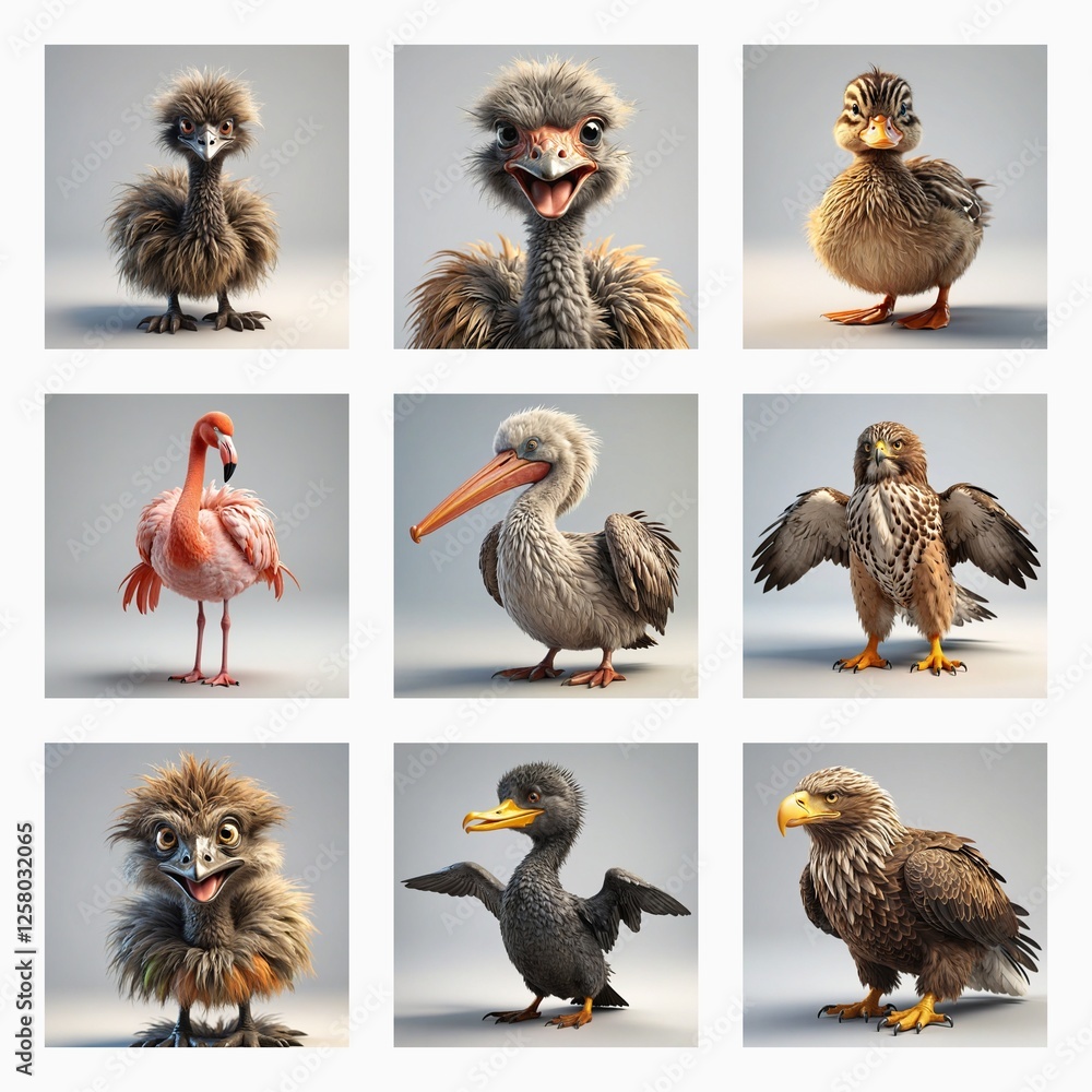 Aufkleber Various cute 3D bird models are showcased in a grid. Different avian species are depicted with soft textures and bright lighting, creating an adorable collection.