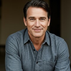 Obraz premium Portrait of a Confident Middle-Aged Man in Casual Shirt, Smiling Warmly in a Natural Light Setting