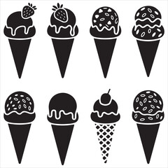 set of black vector various CONE ICE CREAM silhouette	