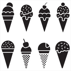 set of black vector various CONE ICE CREAM silhouette	