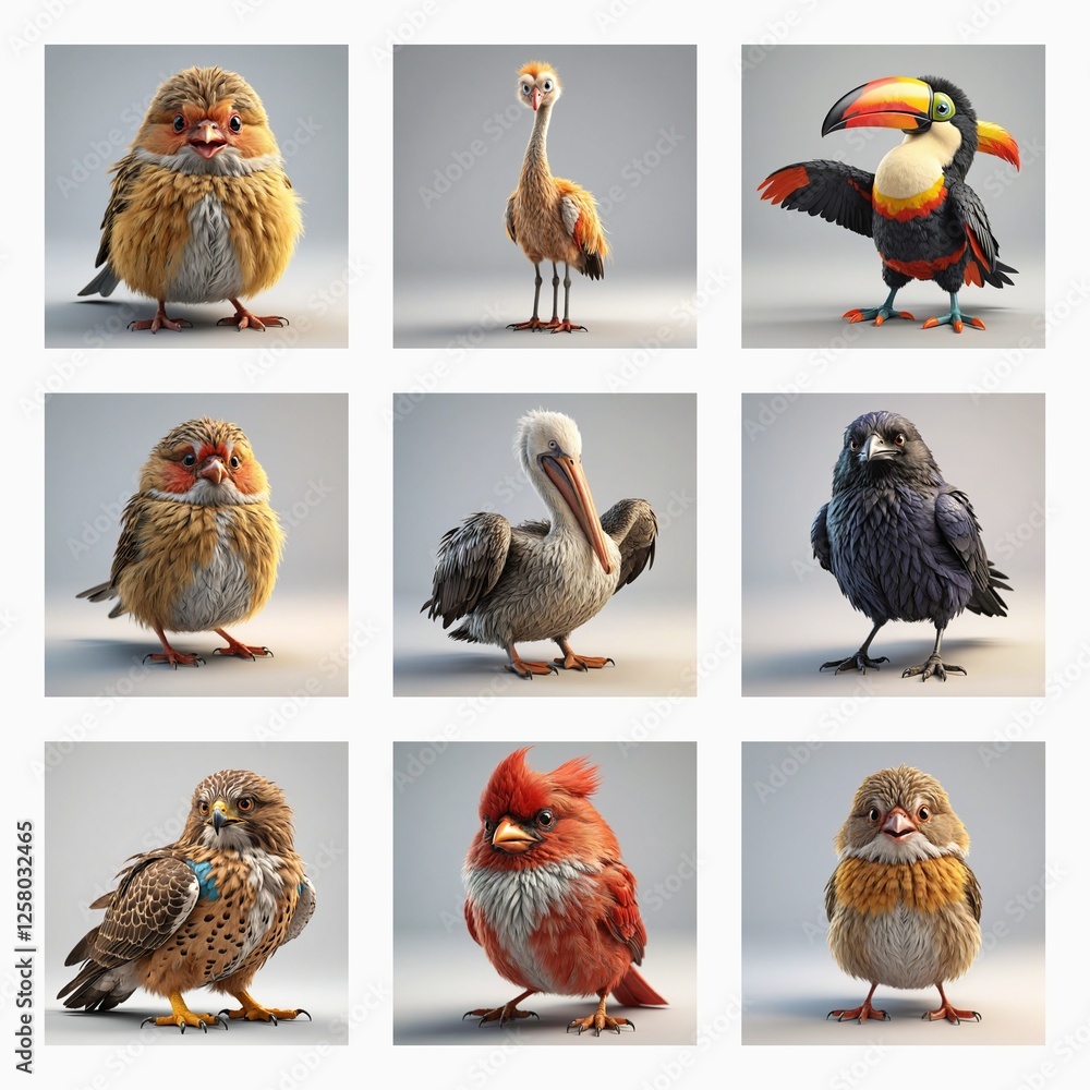 Poster nine cute 3d bird models in a grid. unique birds are posed against simple backgrounds, showcasing ch