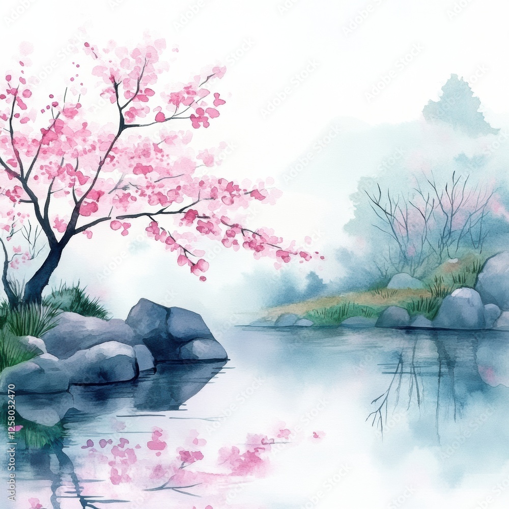 Poster tranquil cherry blossom tree reflects on calm lake surrounded by misty landscape during springtime. 