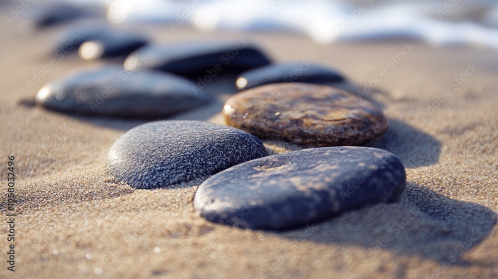 Poster a minimalist arrangement of smooth pebbles and fine sand with subtle design elements.