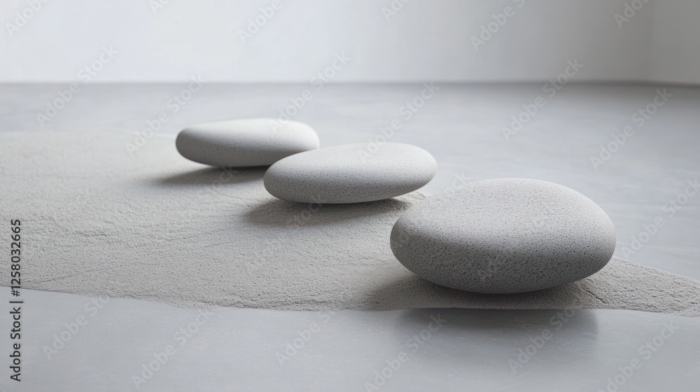 Poster a minimalist arrangement of smooth pebbles and fine sand with subtle design elements.