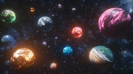 Colorful fantasy planets in vast galactic starfield