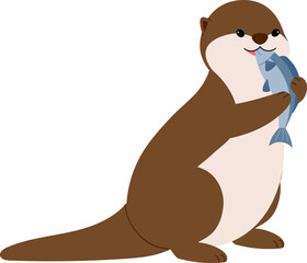 cute otter holding fish and eat it illustration