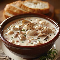 Creamy seafood chowder, bread, rustic setting; recipe illustration