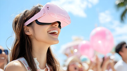 Excited young woman enjoying a VR experience with pink glasses at an outdoor event with vibrant balloons and a joyful atmosphere. This image conveys fun and modern technology. Selective focus