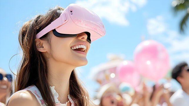 Excited young woman enjoying a VR experience with pink glasses at an outdoor event with vibrant balloons and a joyful atmosphere. This image conveys fun and modern technology. Selective focus