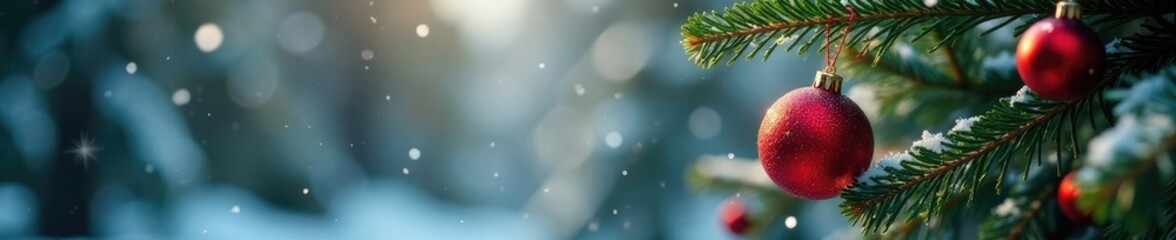 snowflakes gently falling on a spruce branch with ornaments, Christmas decorations, festive