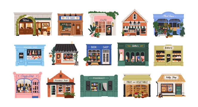 Small local shops, storefronts set. Mini stores, buildings. Bakery, boutique, cafe, pharmacy facades, exteriors, front view with showcases. Flat vector illustration isolated on white background