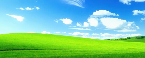 Obraz premium Vibrant green meadow under a vast blue sky dotted with fluffy white clouds , tranquil, grass