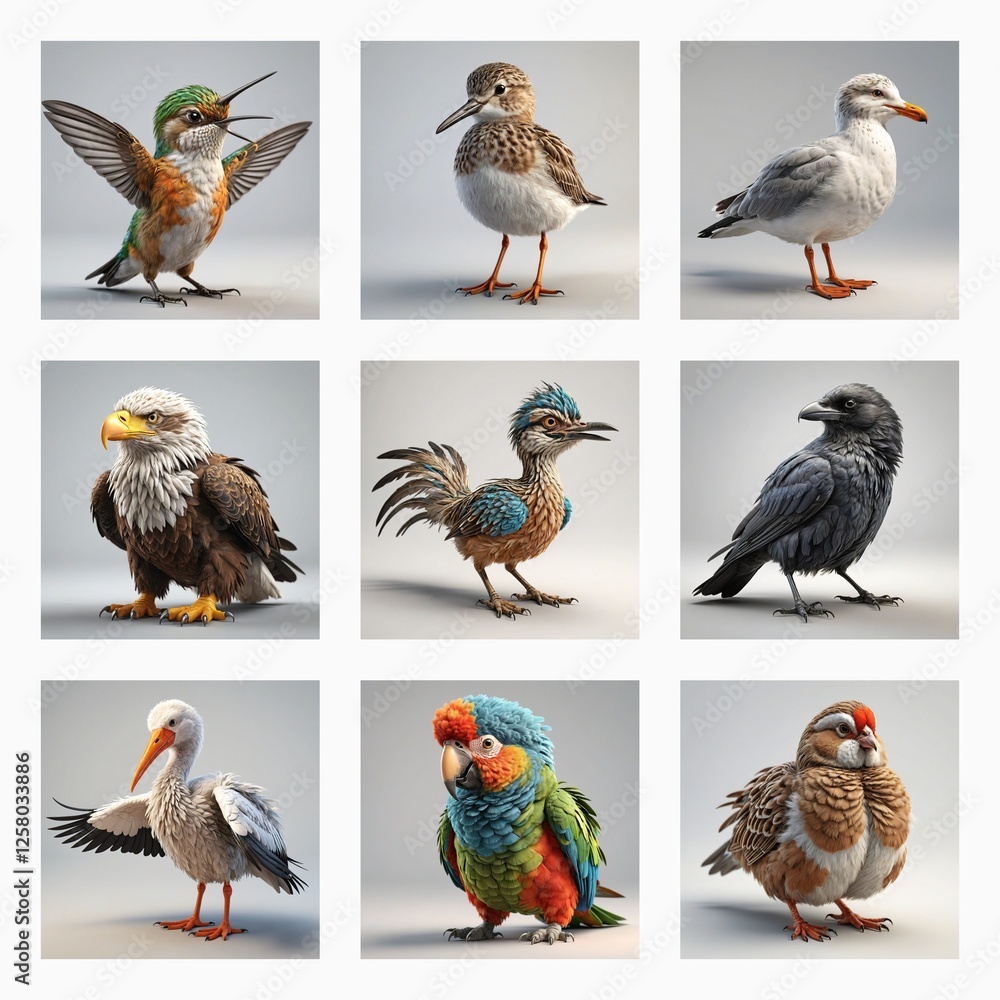 Aufkleber a collection of cute 3d bird models showcasing diverse avian species. various feathered creatures ar