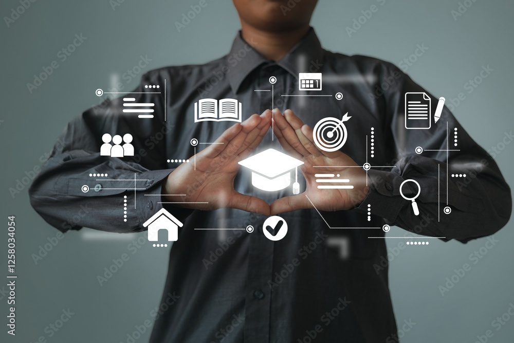 Canvas Prints a person makes hand gestures around a glowing graduation cap, surrounded by digital icons for learni