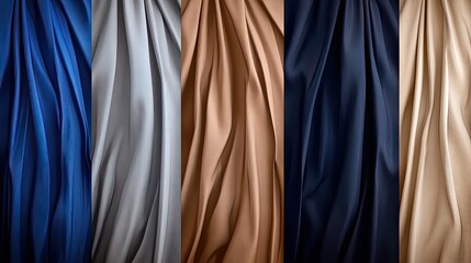 Fototapeta premium Brightly lit display featuring a variety of curtain fabrics with geometric and floral patterns in blue, gray, and brown tones