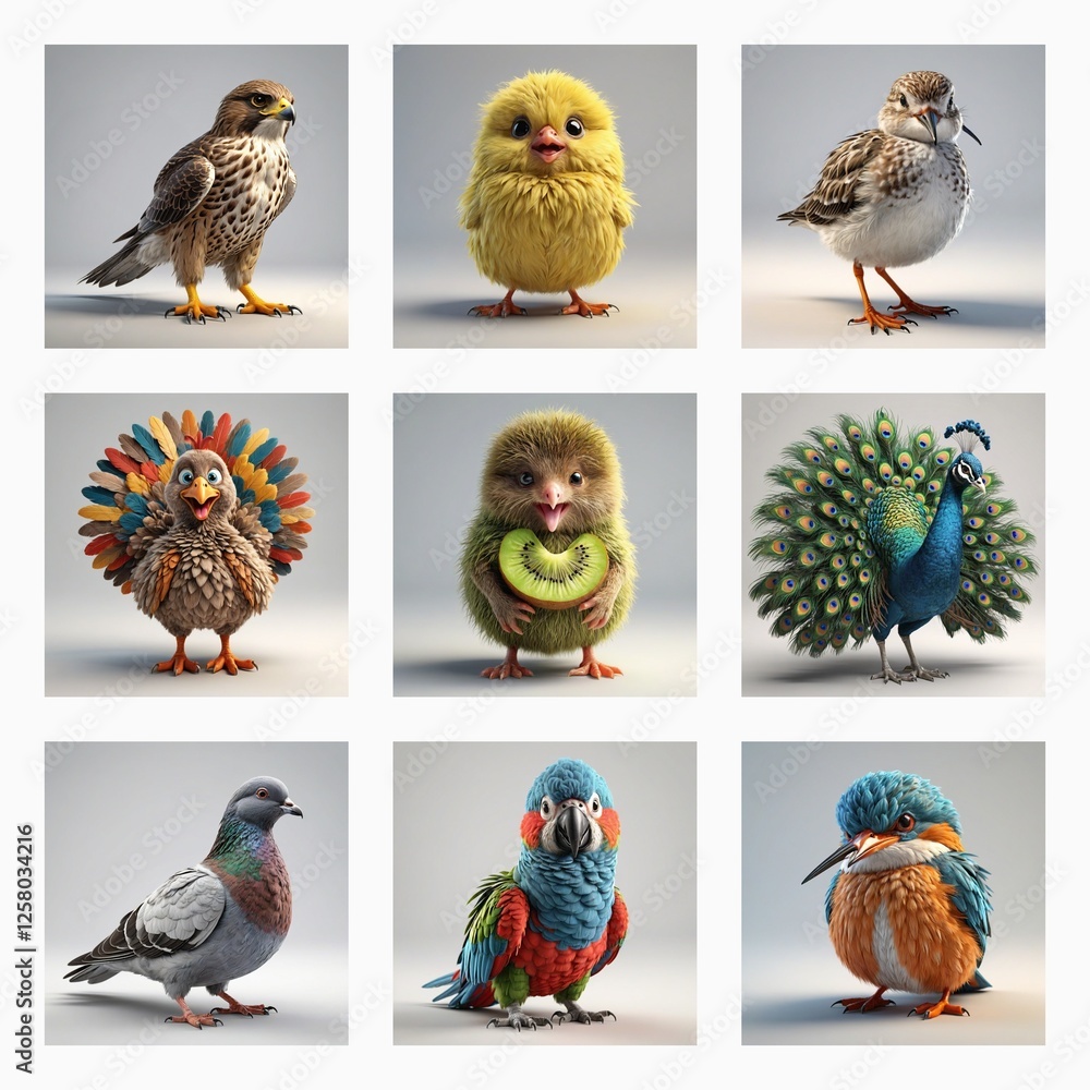 Poster Nine cute 3d bird models in a grid. Diverse avian species rendered with fluffy feathers and bright colors.