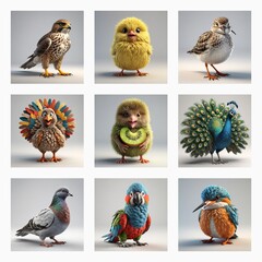 Fototapeta premium Nine cute 3d bird models in a grid. Diverse avian species rendered with fluffy feathers and bright colors.