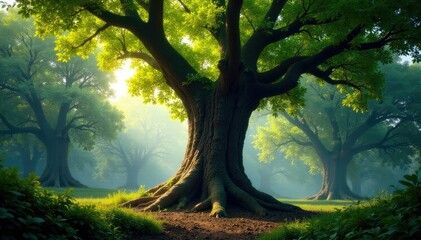 Fototapeta premium Towering trees with massive trunks and gnarled branches, growth, trunk
