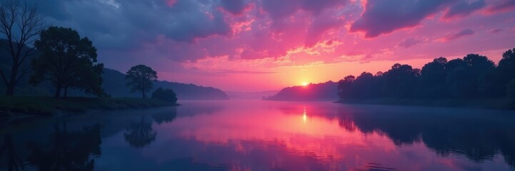 Obraz premium Twilight colors in calm river with trees along the shore, stillness, cloud, scenery