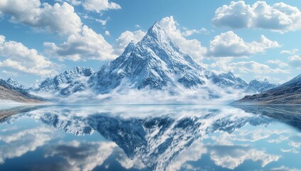 Obraz premium Majestic Snow-Capped Mountain Peak Reflects in Serene Lake Under a Blue Sky with Fluffy Clouds, Inspiring Tranquil Scenery