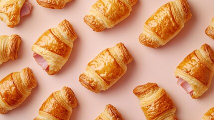 An overhead view of ham and cheese croissants, arranged in a diagonal pattern, isolated on a pastel beige background