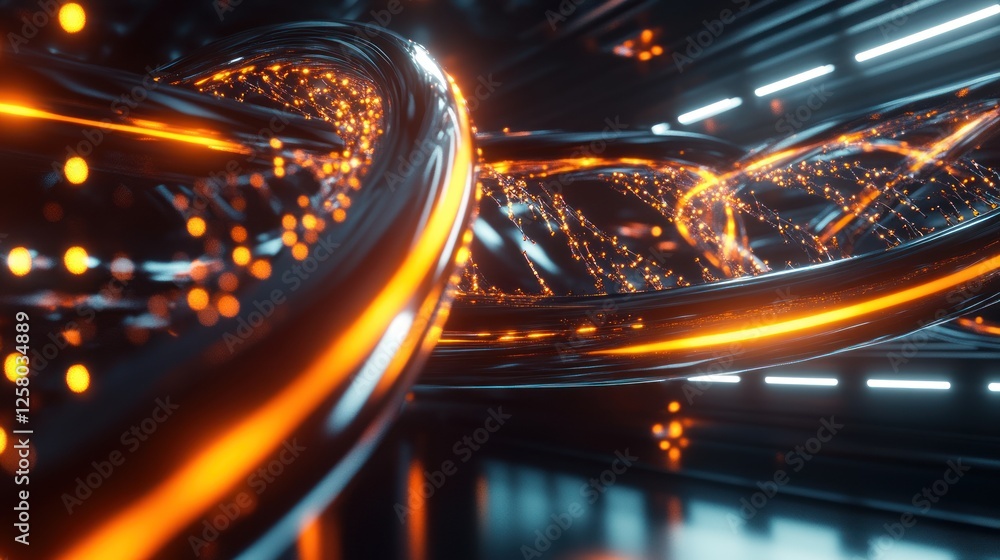 Poster a sleek 3d rendering of dna strands twisting and glowing in a high-tech laboratory environment.