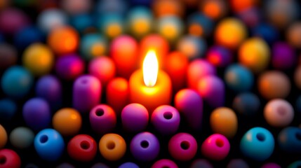 Vibrant Colorful Beads Surround Lit Candle Abstract