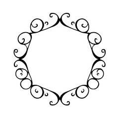 Ornamental, black, curly, symmetrical frame against a white background.