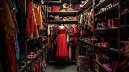 Fototapeta premium Dark, organized costume closet filled with vibrant colorful clothing and accessories.