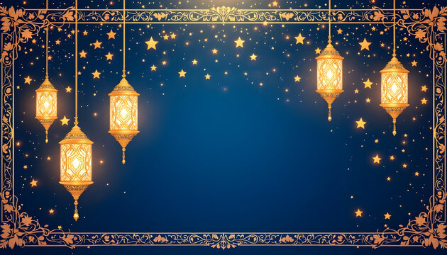 A beautifully designed Ramadan Kareem invitation card with a dark green background, glowing golden lanterns, and symmetrical floral motifs. The central blank space allows for inserting quotes, prayers