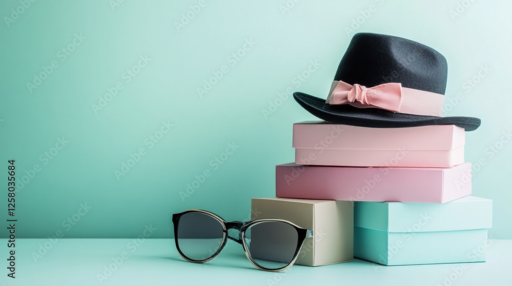 Fototapete stylish accessories neatly arranged in colorful boxes on a minimalist background. generative ai