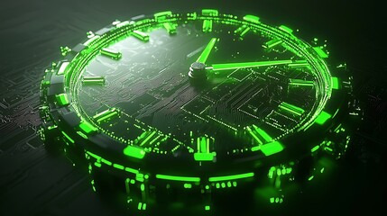 A glowing green circuit board shaped like a clock face, dynamic energy lines pulsing across the surface, abstract futuristic artistic style, high-tech neon lighting, mood of cutting-edge innovation
