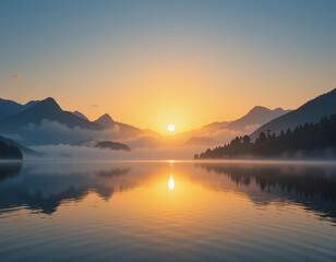 Naklejka premium Tranquil Lake with Misty Mountains at Sunrise