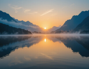 Fototapeta premium Tranquil Lake with Misty Mountains at Sunrise