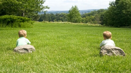 Children on Rocks Overlooking Grassy Field in Serene Landscape During Sunny Day Outdoors
