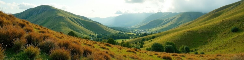 Fototapeta premium Undulating hills covered in ferns and heather, plants, landscape feature