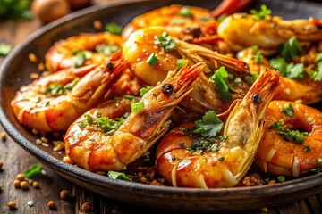 Crispy Fried Shrimp with Garlic - Close-up Stock Photo