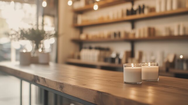 Cozy atmosphere with lit candles in modern minimalist store interior design