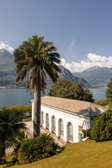 Naklejka premium Scenic view of building, palm tree, and mountains by Lake Como.