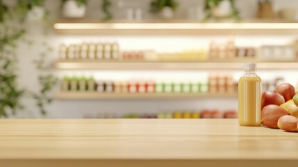 Fresh juice and apples on a wooden counter with vibrant bottles in background