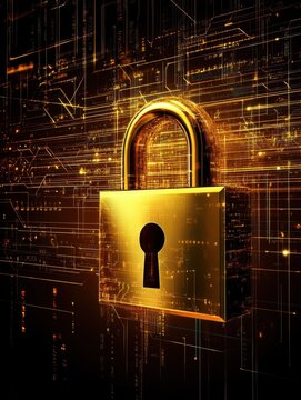 Golden padlock on a digital background, symbolizing security and data protection.