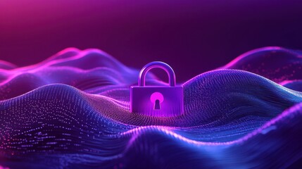 Glowing purple padlock resting on a wavy digital landscape symbolizing encryption data security and cybersecurity in a futuristic vibrant design
