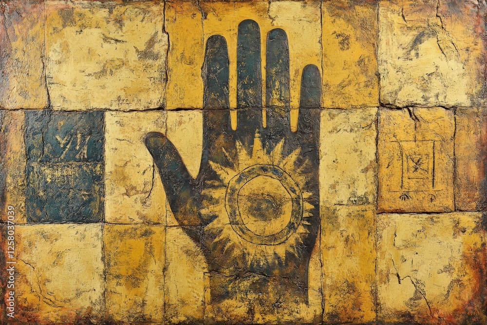 Poster artistic representation of a hand with a sun motif on a textured background in warm tones and geomet