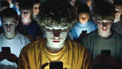 Cell phone addiction concept. Many teens hold smart device. Social media obsession. Online communication problem. People watch mobile gadget screen. Cyberspace internet network. Bad habit. Neon light. - Powered by Adobe